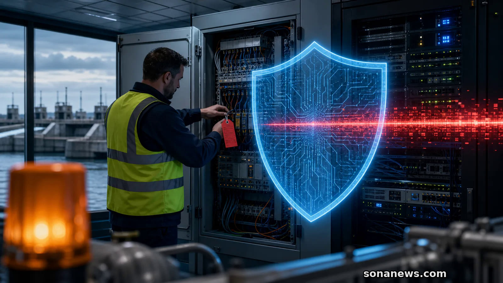 Beveiligingsmedewerker in een Nederlandse technische controlekamer bij een serverkast en industrieel paneel, met een blauw AI-schild en rode kwetsbaarheidsscan als centraal beeld.