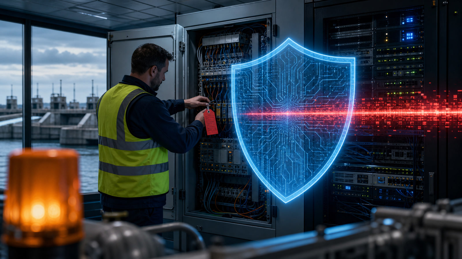 Beveiligingsmedewerker in een Nederlandse technische controlekamer bij een serverkast en industrieel paneel, met een blauw AI-schild en rode kwetsbaarheidsscan als centraal beeld.