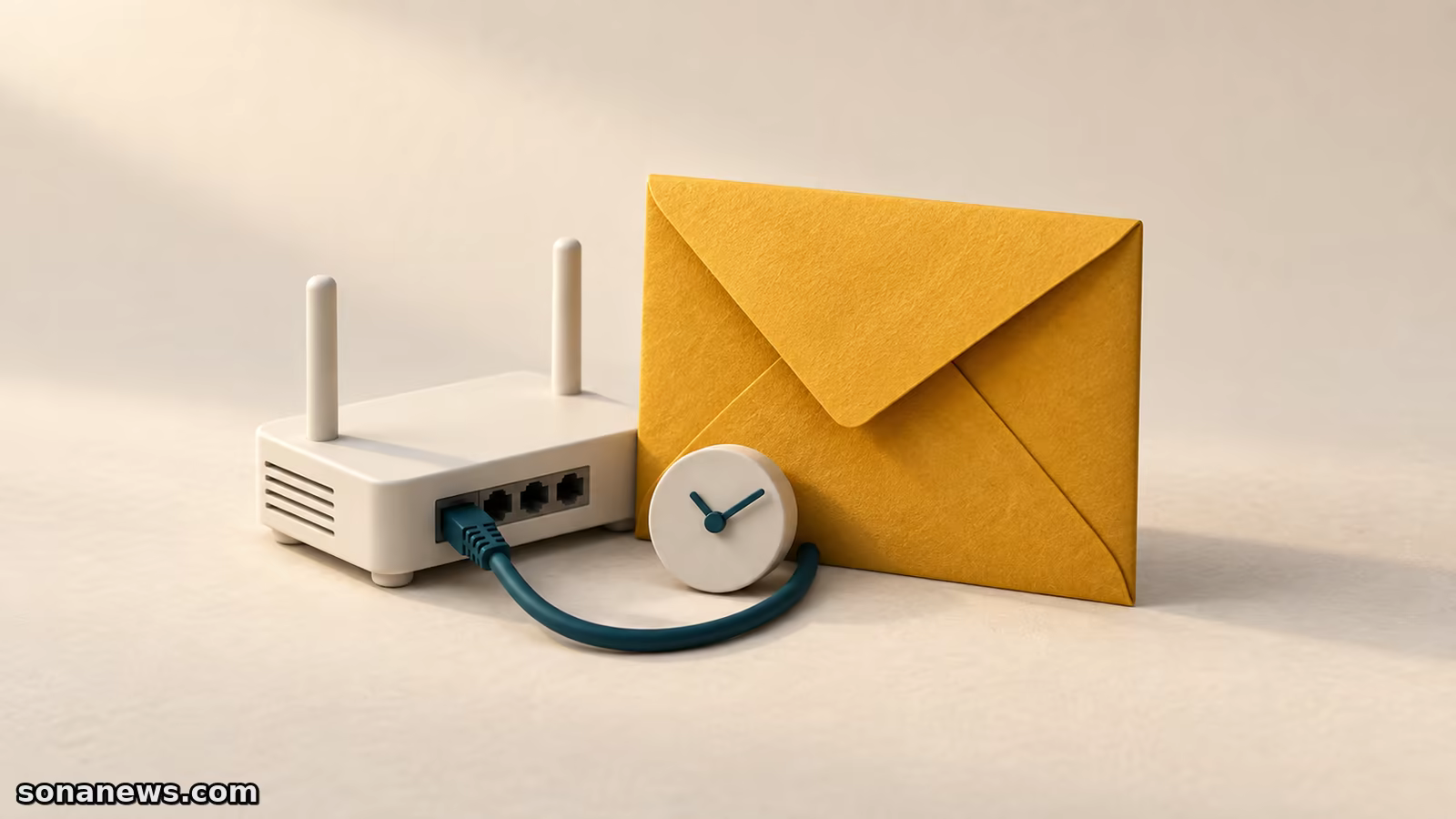 Een witte netwerkrouter naast een amberkleurige envelop en een kleine klok, als illustratie van de CRA-meldplicht voor fabrikanten.