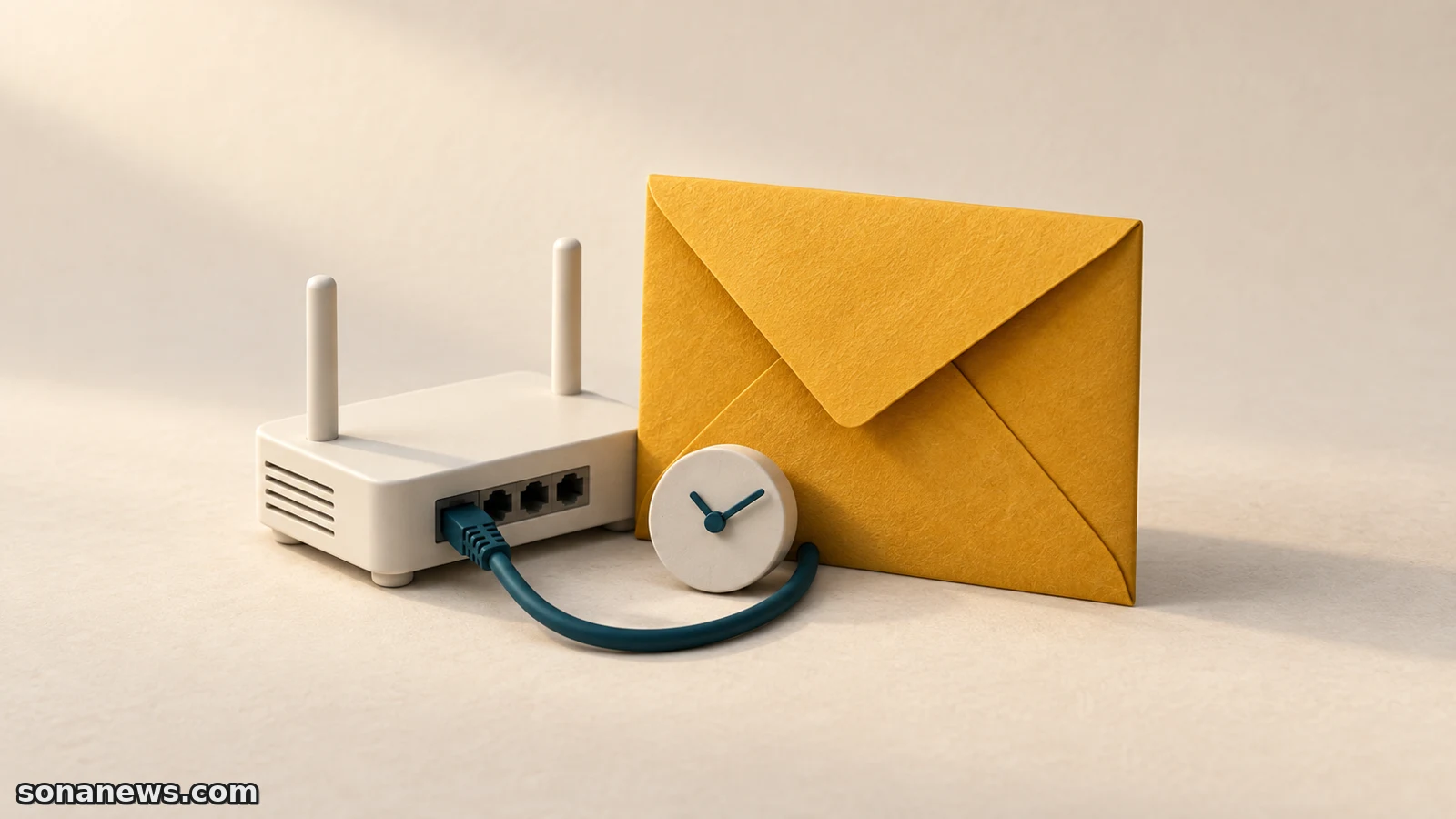 Een witte netwerkrouter naast een amberkleurige envelop en een kleine klok, als illustratie van de CRA-meldplicht voor fabrikanten.