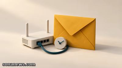 Een witte netwerkrouter naast een amberkleurige envelop en een kleine klok, als illustratie van de CRA-meldplicht voor fabrikanten.