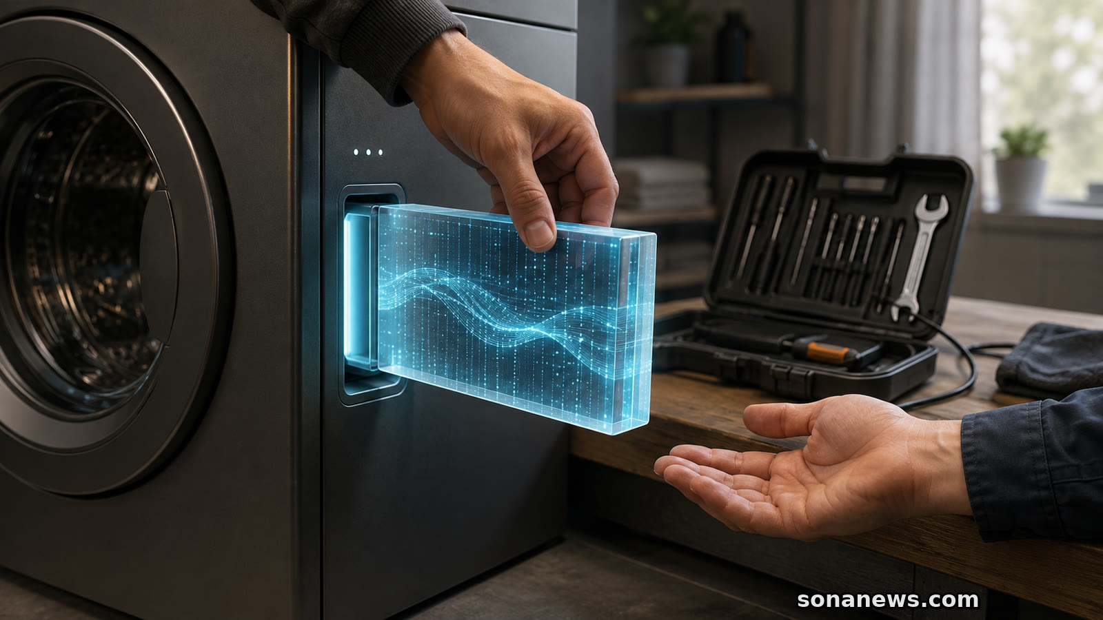 Hand haalt een lichtgevend datablok uit een slimme wasmachine en reikt het naar een reparatieset.