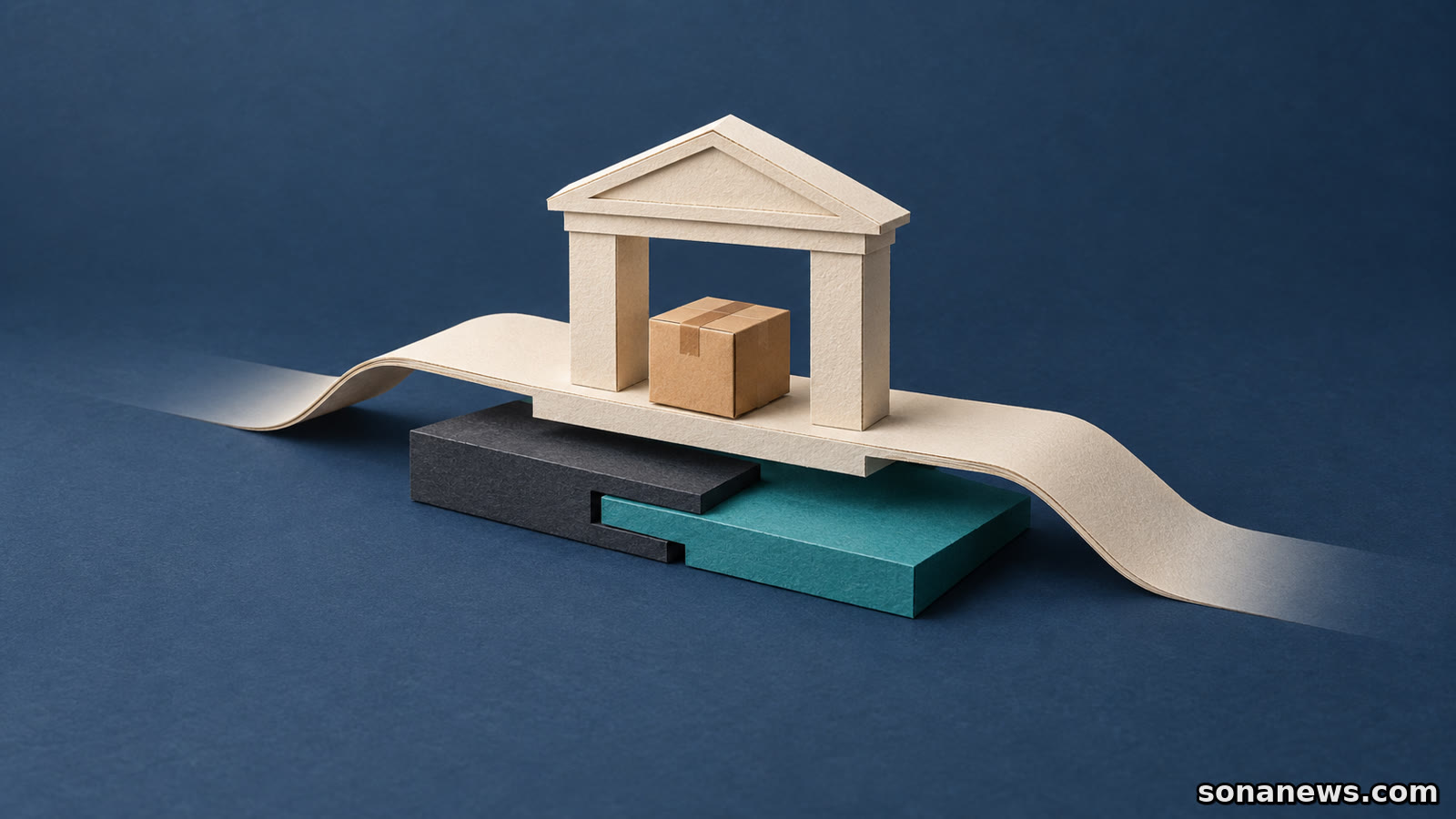 Papieren bankpoort met een pakket op een doorlopende route boven een deels vervangen onderlaag, als illustratie van de overgang van iDEAL naar Wero.