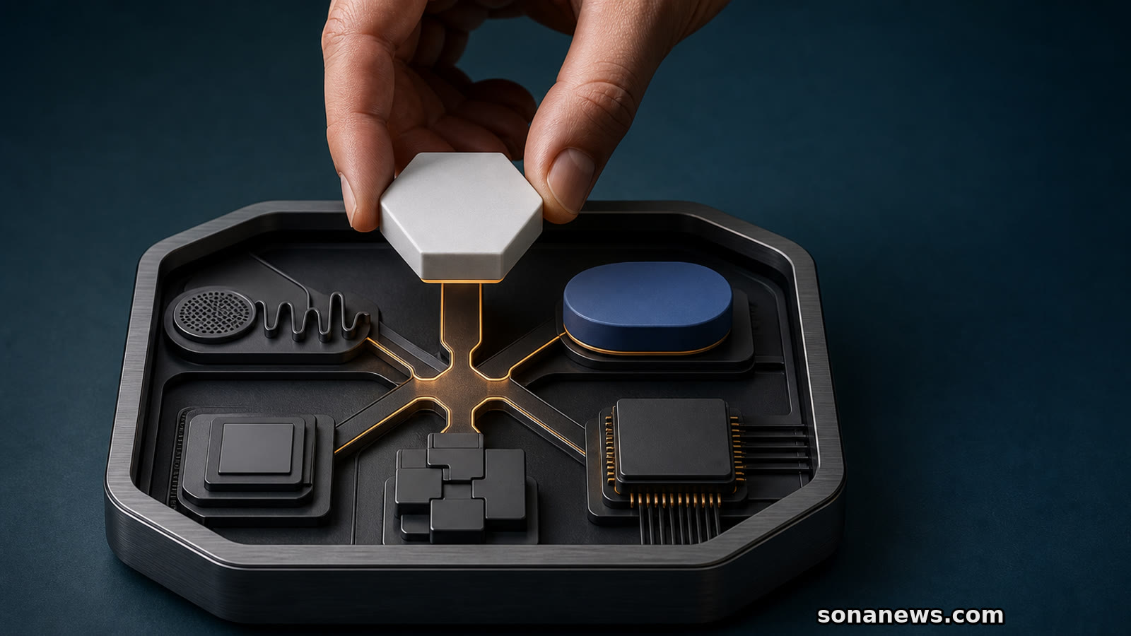 Hand kiest tussen twee ongebonden AI-modules boven de gedeelde systeemrail van een opengewerkte smartphone voor nieuwe EU-regels.
