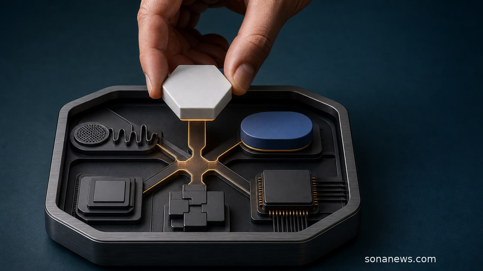 Hand kiest tussen twee ongebonden AI-modules boven de gedeelde systeemrail van een opengewerkte smartphone voor nieuwe EU-regels.