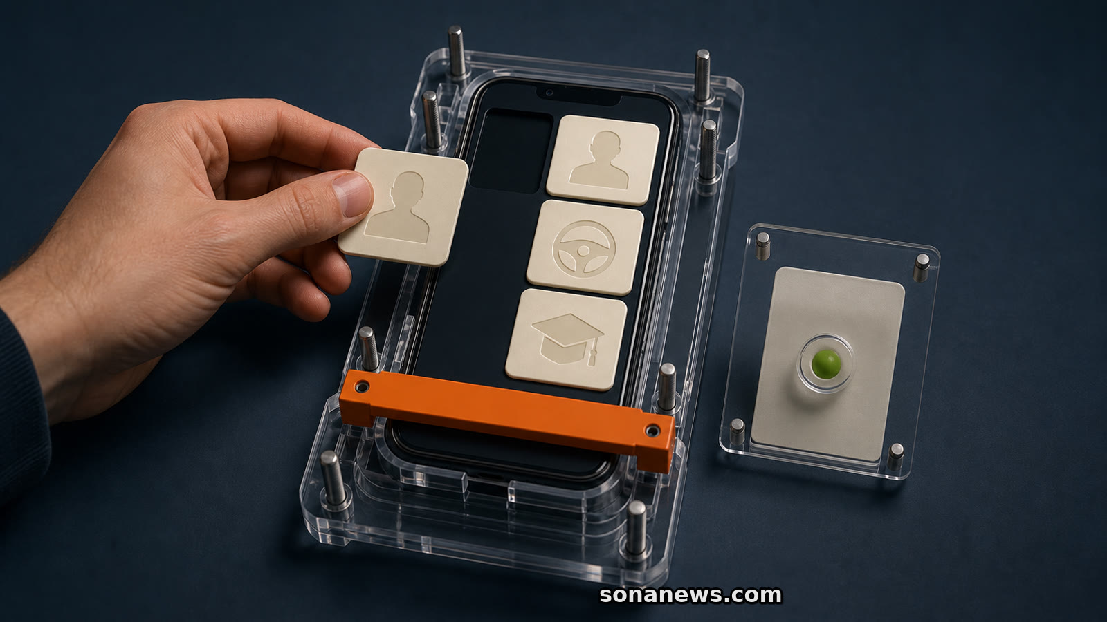 Hand plaatst een blanco identiteitsfiche in een telefoonprototype dat in een transparante ontwikkelmal is vastgezet.