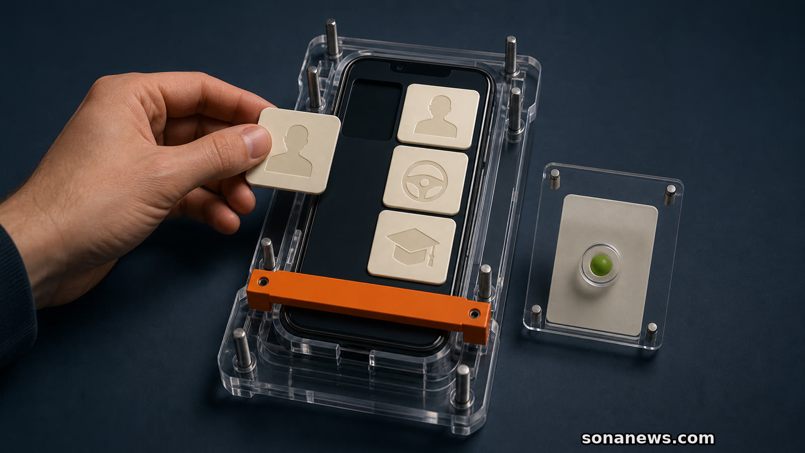 Hand plaatst een blanco identiteitsfiche in een telefoonprototype dat in een transparante ontwikkelmal is vastgezet.