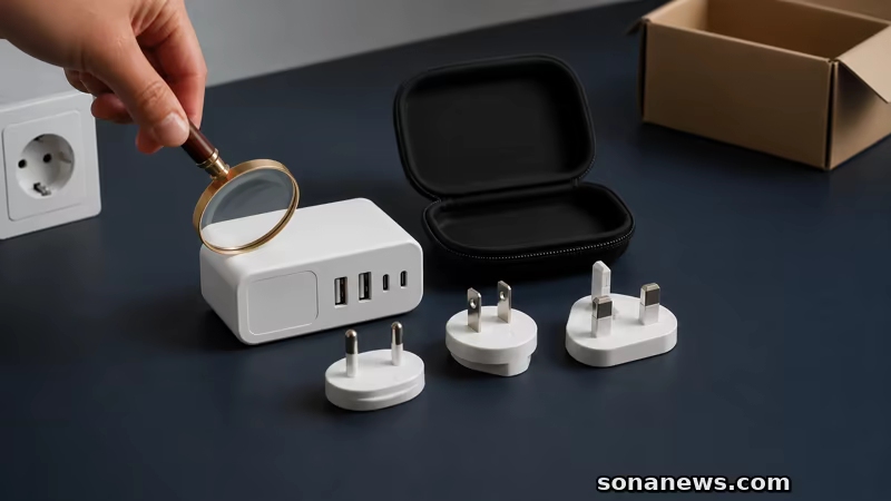 Hand controleert een losgekoppelde witte reisoplader met vier poorten en drie stekkerkoppen naast open retourdoos.