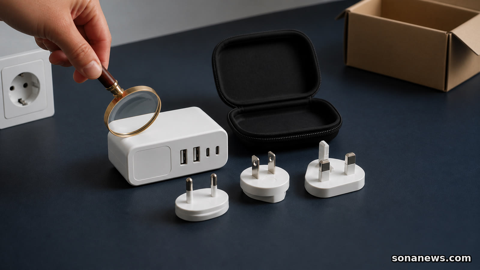 Hand controleert een losgekoppelde witte reisoplader met vier poorten en drie stekkerkoppen naast open retourdoos.
