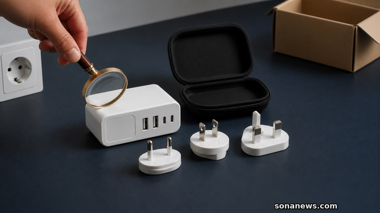 Hand controleert een losgekoppelde witte reisoplader met vier poorten en drie stekkerkoppen naast open retourdoos.
