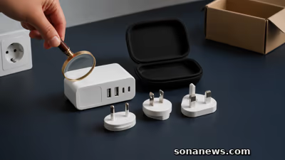 Hand controleert een losgekoppelde witte reisoplader met vier poorten en drie stekkerkoppen naast open retourdoos.