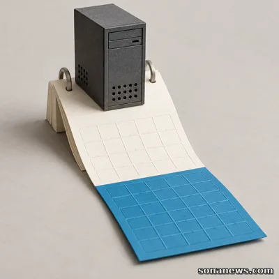 Conceptuele desktopcomputer op een uitgevouwen kalenderbaan met een blauw verlengstuk, als illustratie van langer doorlopende Windows 10-beveiligingsupdates via ESU.