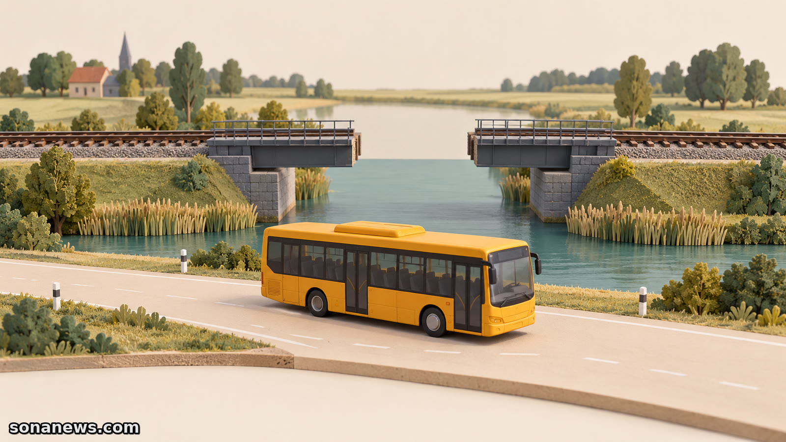 Een amberkleurige modelbus voor een onderbroken spoorbrug in een maquette, als illustratie van het vervangende vervoer tussen Alphen en Bodegraven.