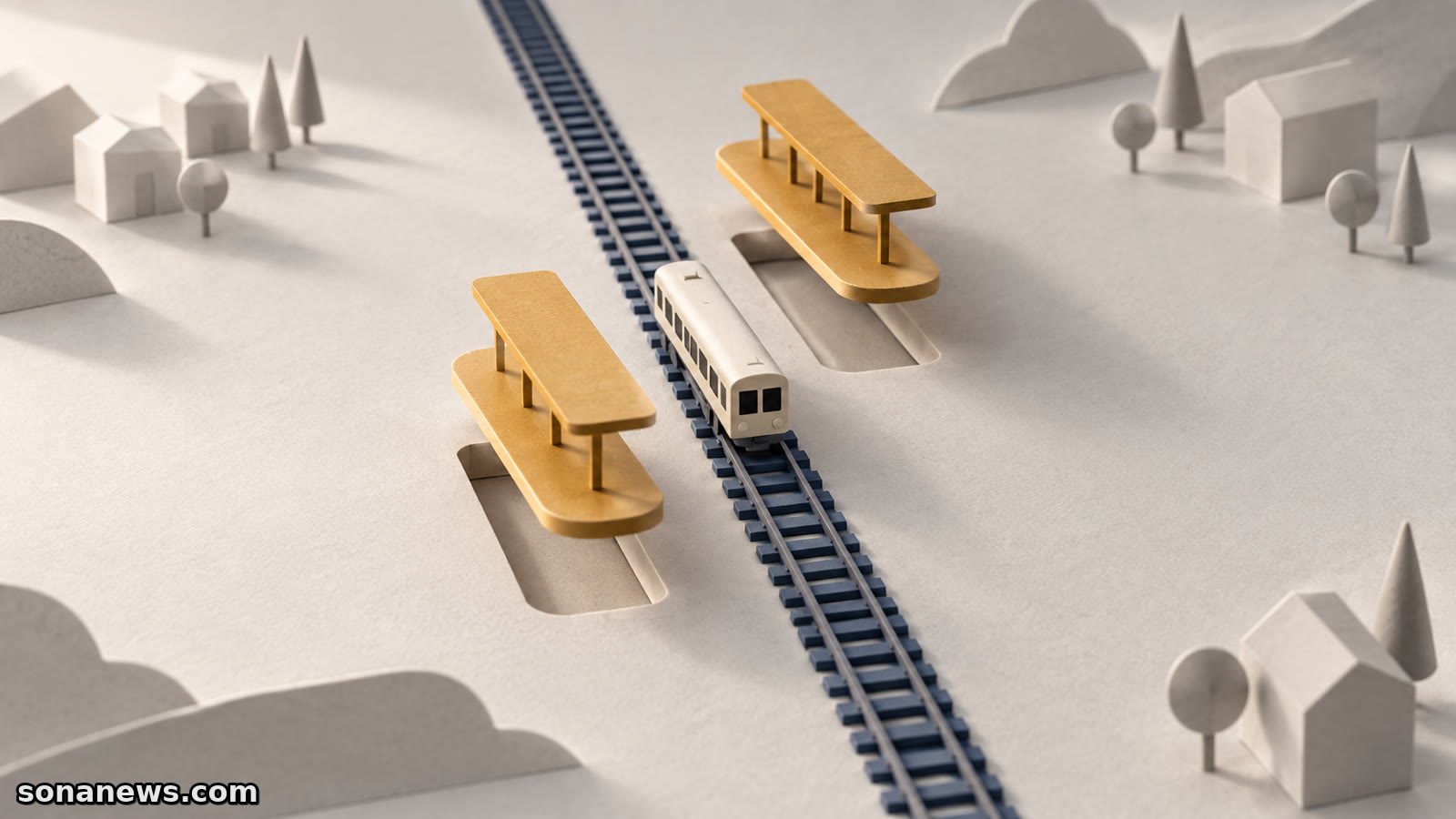 Twee losse okergele perronmodules naast een papieren treinmodel, als conceptuele illustratie van nog te controleren GoVolta-haltes richting Berlijn.