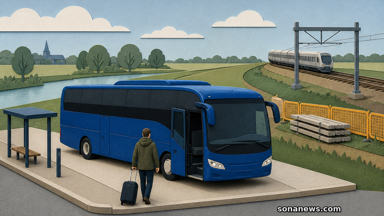 Conceptuele vervangende bus bij spoorwerk tussen Lage Zwaluwe en Roosendaal, met reiziger en trein op een omreisroute.