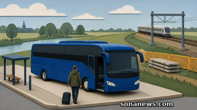 Conceptuele vervangende bus bij spoorwerk tussen Lage Zwaluwe en Roosendaal, met reiziger en trein op een omreisroute.
