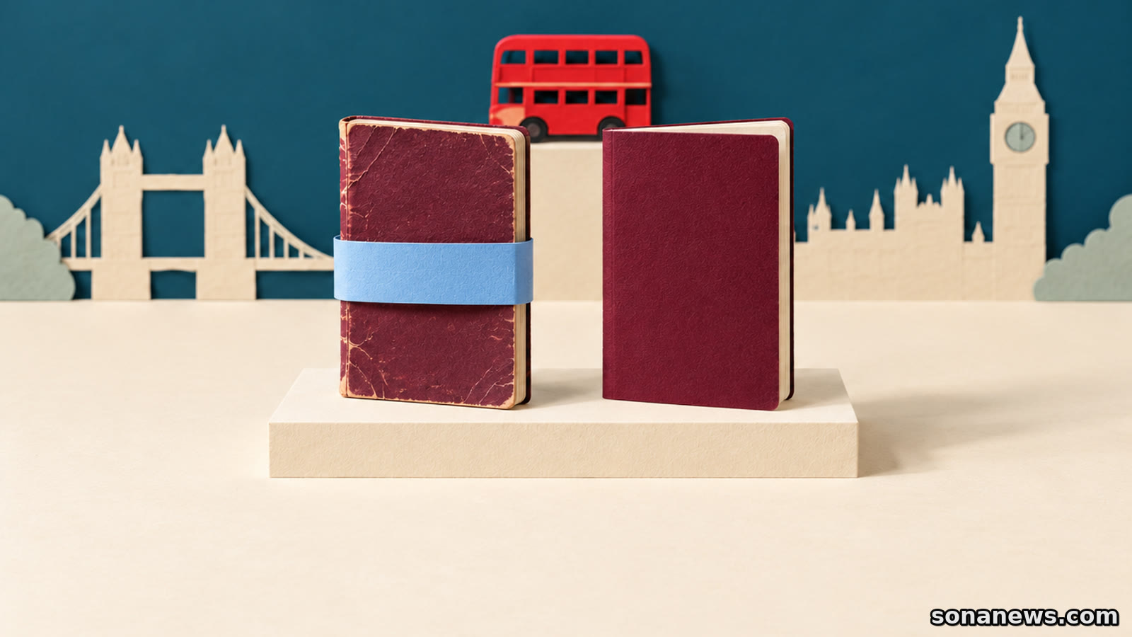 Oud en nieuw paspoortvormig boekje, met een blauwe band om alleen het oude en een rode dubbeldekker als illustratie bij de Britse ETA.