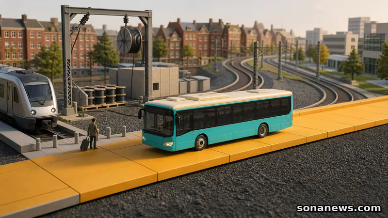 Conceptuele vervangende bus overbrugt gepland spoorwerk tussen Rotterdam en Delft, naast een treinomweg en wachtende reiziger.