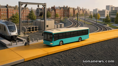 Conceptuele vervangende bus overbrugt gepland spoorwerk tussen Rotterdam en Delft, naast een treinomweg en wachtende reiziger.