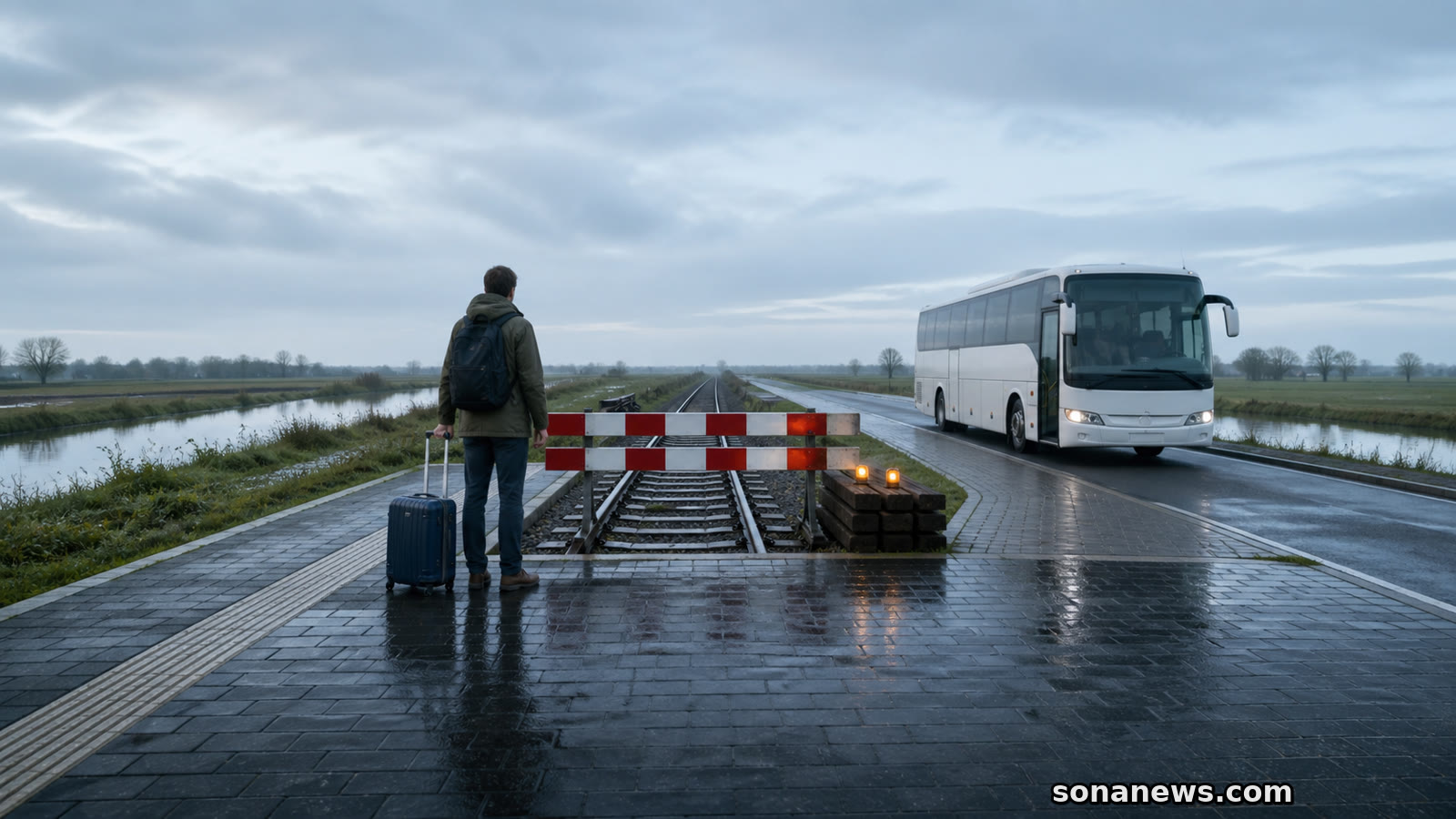 Reiziger met rolkoffer staat voor afgesloten rails terwijl een vervangende bus naast het spoor wacht.