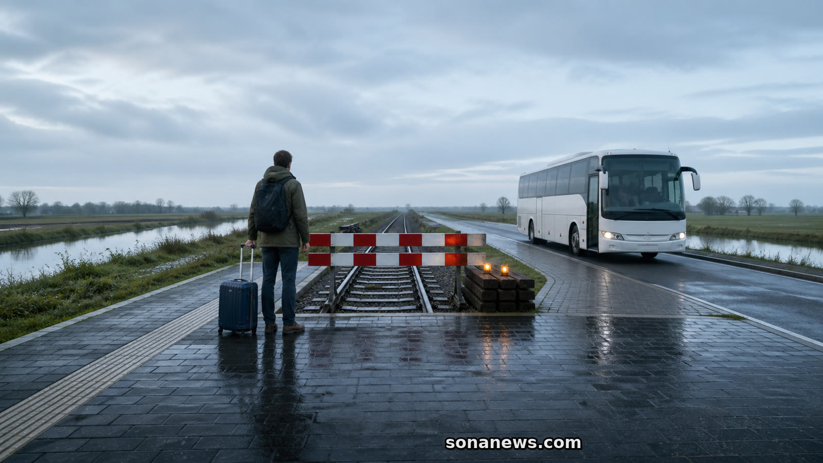 Reiziger met rolkoffer staat voor afgesloten rails terwijl een vervangende bus naast het spoor wacht.