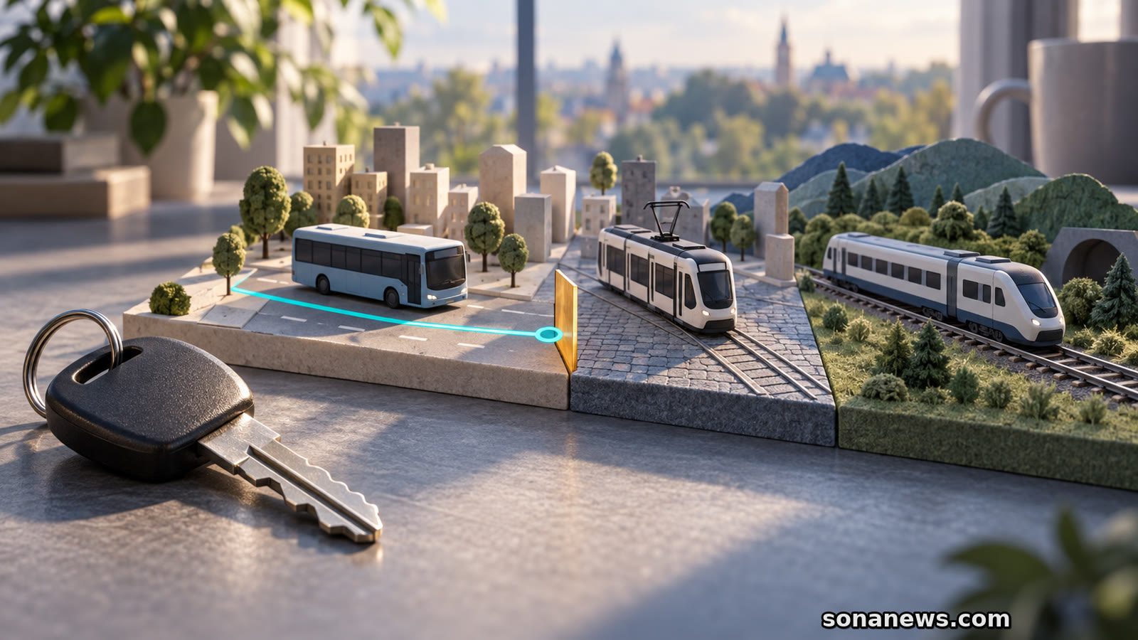 Klucz samochodowy obok abstrakcyjnego planu z oddzielnymi strefami autobusu, tramwaju i pociągu.