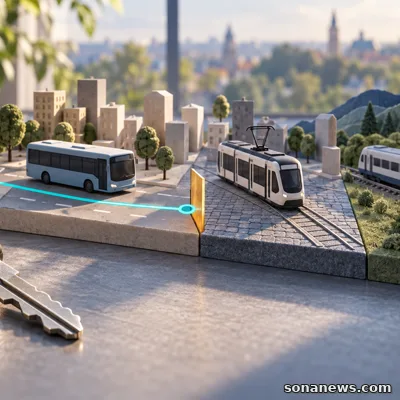 Klucz samochodowy obok abstrakcyjnego planu z oddzielnymi strefami autobusu, tramwaju i pociągu.