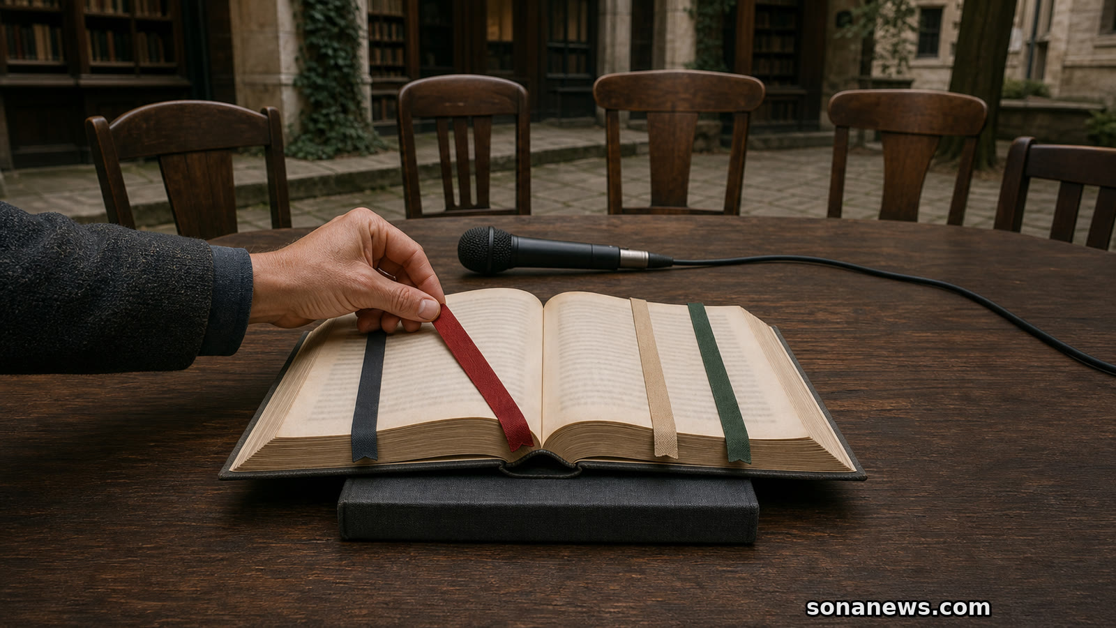 Dłoń wybiera czerwonym znacznikiem fragment otwartej książki obok mikrofonu i kręgu bibliotecznych krzeseł.