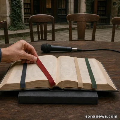 Dłoń wybiera czerwonym znacznikiem fragment otwartej książki obok mikrofonu i kręgu bibliotecznych krzeseł.