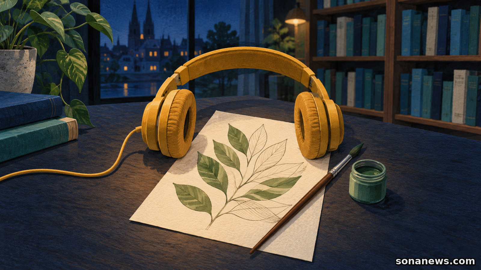 Słuchawki przy częściowo pomalowanej kartce, pędzel i biblioteczne regały ilustrują warsztaty z audiobookiem podczas Nocy Bibliotek.