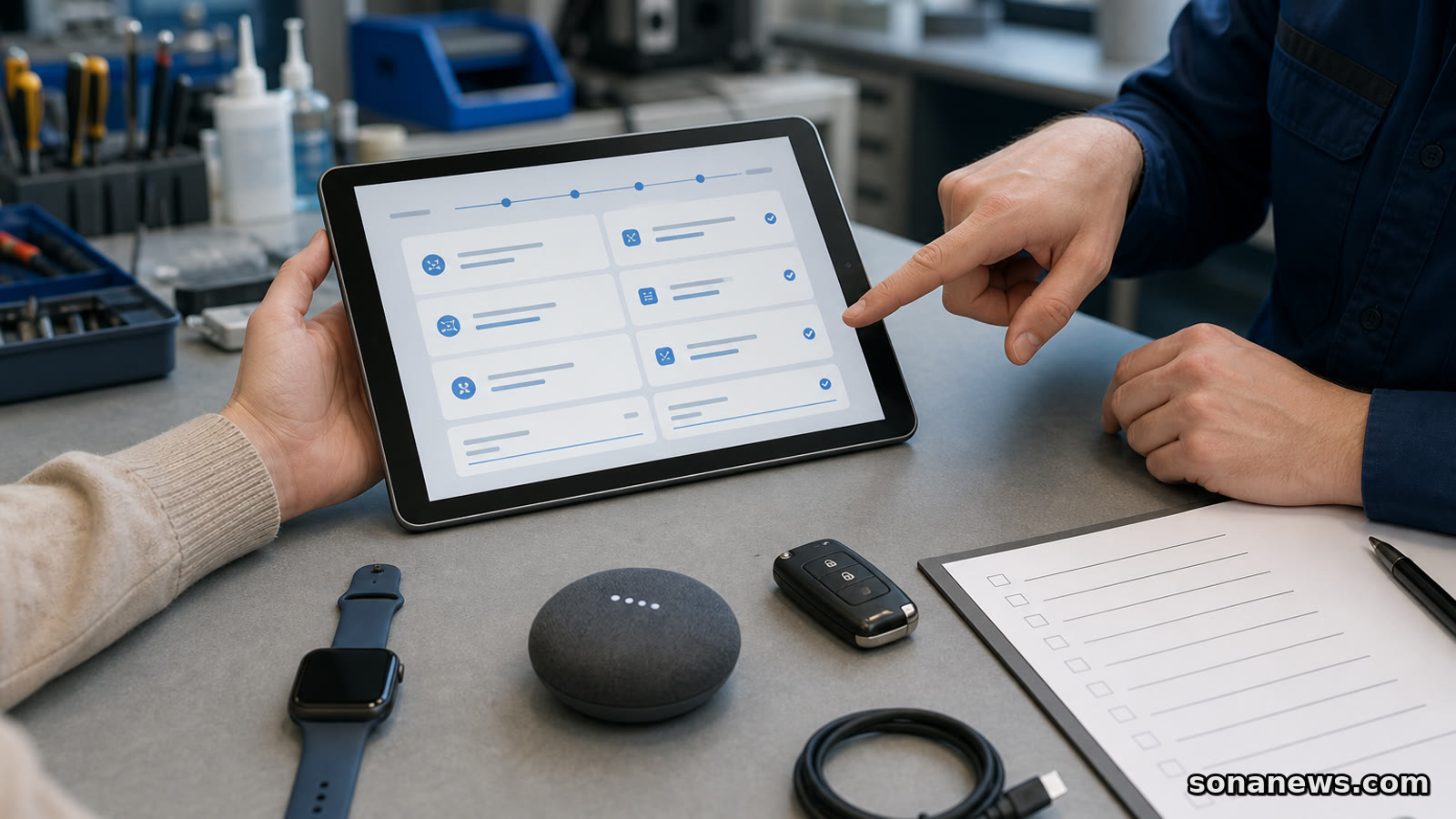 Tablet z neutralnym panelem danych obok smartwatcha, głośnika i kluczyka pokazuje przekazanie danych ze smart urządzeń.