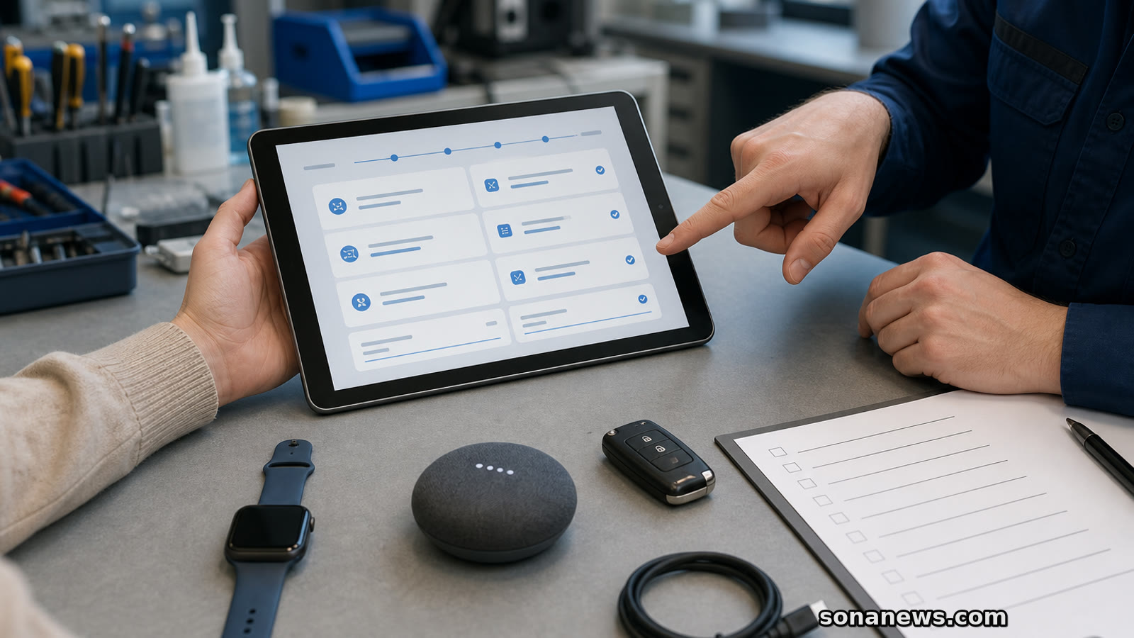 Tablet z neutralnym panelem danych obok smartwatcha, głośnika i kluczyka pokazuje przekazanie danych ze smart urządzeń.