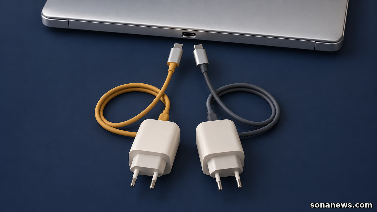 Dwie wtyczki USB-C przed gniazdem laptopa i dwa zasilacze ilustrują wybór zestawu do ładowania komputera.