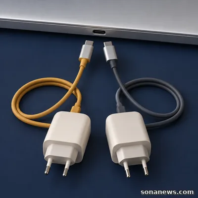Dwie wtyczki USB-C przed gniazdem laptopa i dwa zasilacze ilustrują wybór zestawu do ładowania komputera.