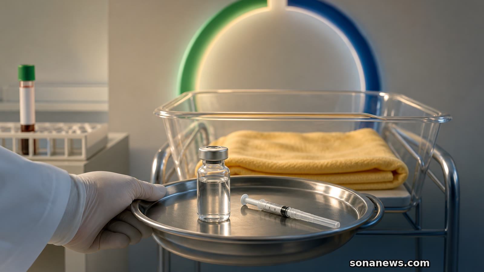 Profissional leva vacina e seringa protegida até berço neonatal vazio, com amostra pré-natal e arco verde e azul ao fundo.