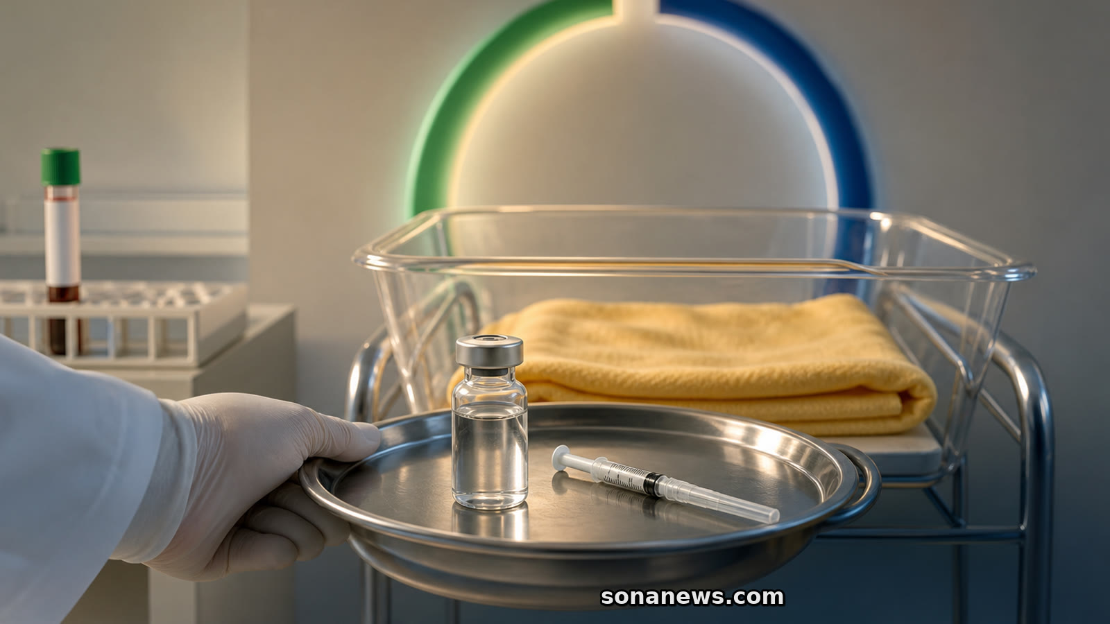 Profissional leva vacina e seringa protegida até berço neonatal vazio, com amostra pré-natal e arco verde e azul ao fundo.