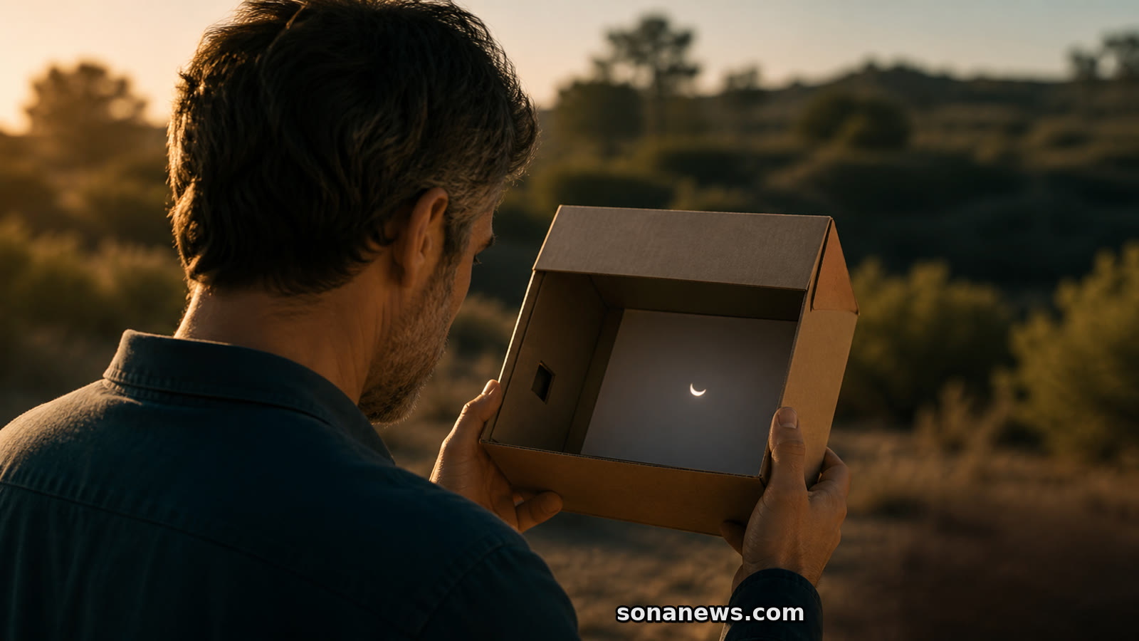 Homem de costas para o Sol observa o crescente do eclipse projetado dentro de uma caixa pinhole.