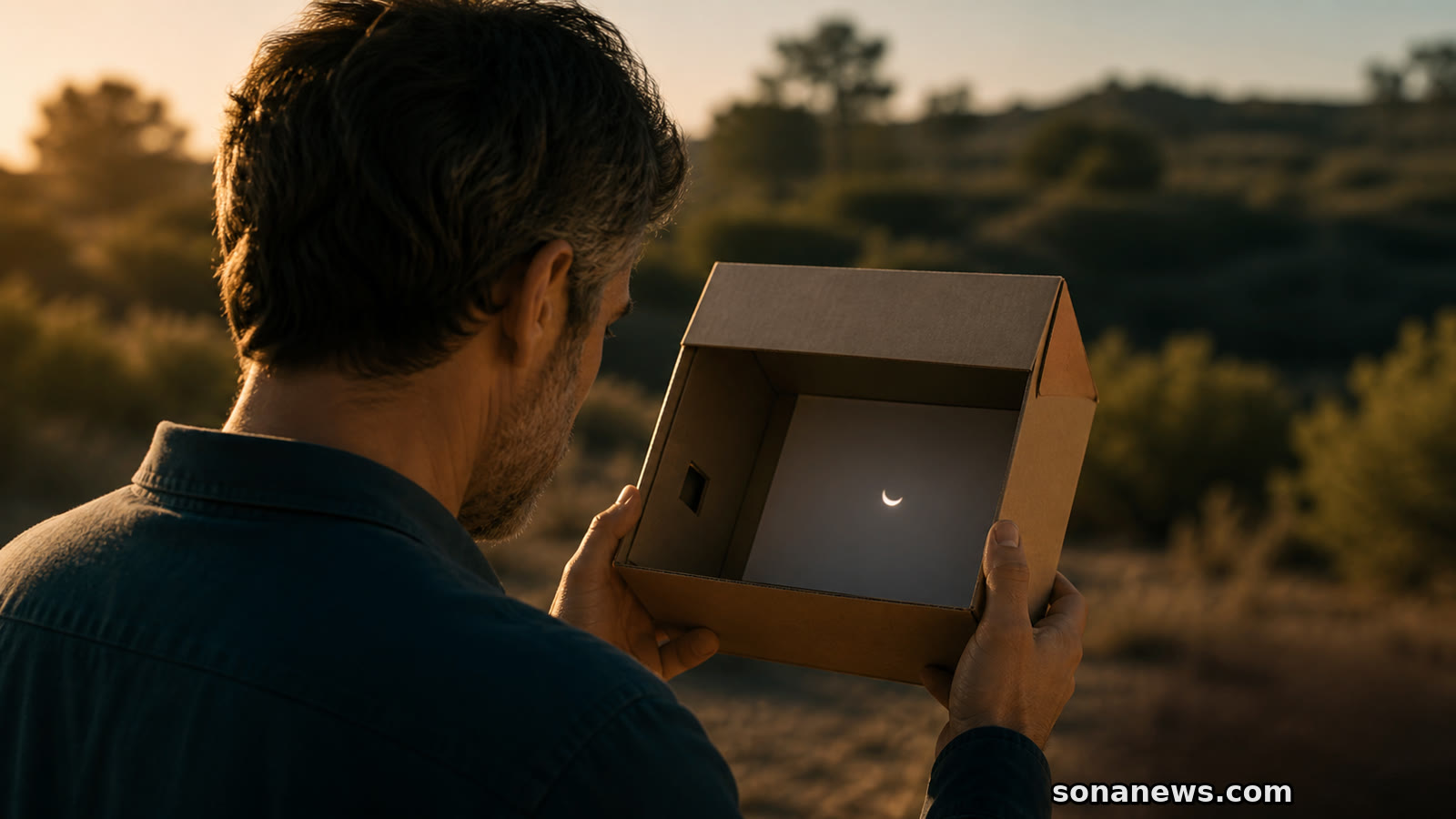 Homem de costas para o Sol observa o crescente do eclipse projetado dentro de uma caixa pinhole.