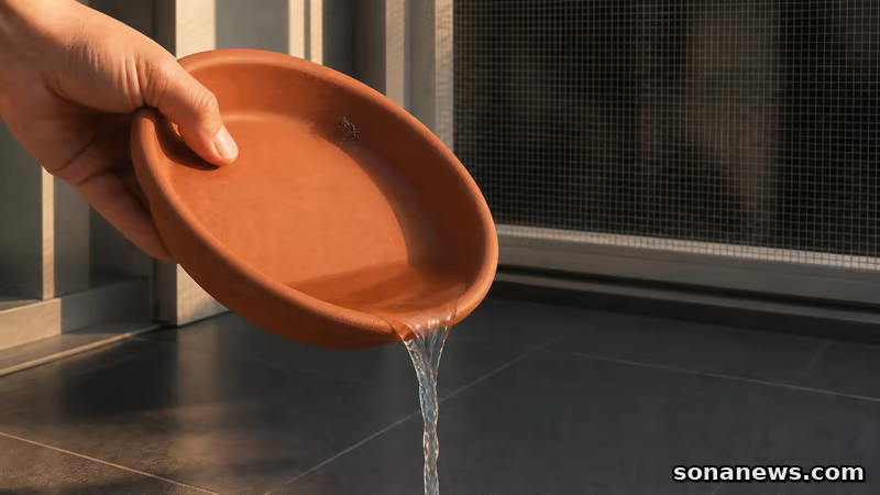 Mão esvazia água de prato de planta com mosquito e rede ao fundo, ilustrando controlo de mosquitos na Europa.