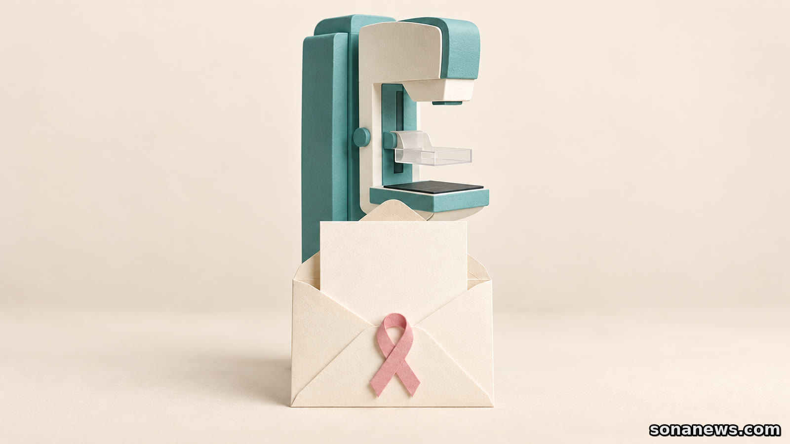 Ilustração de um envelope aberto com laço rosa diante de um mamógrafo estilizado, evocando os convites para rastreio da mama em Portugal.