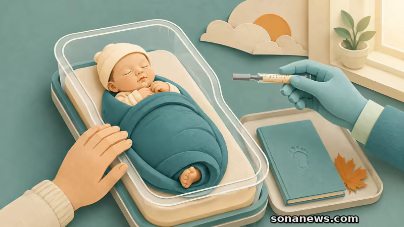 Recém-nascido dorme numa maternidade junto de uma seringa pré-cheia, boletim infantil e folha de outono.