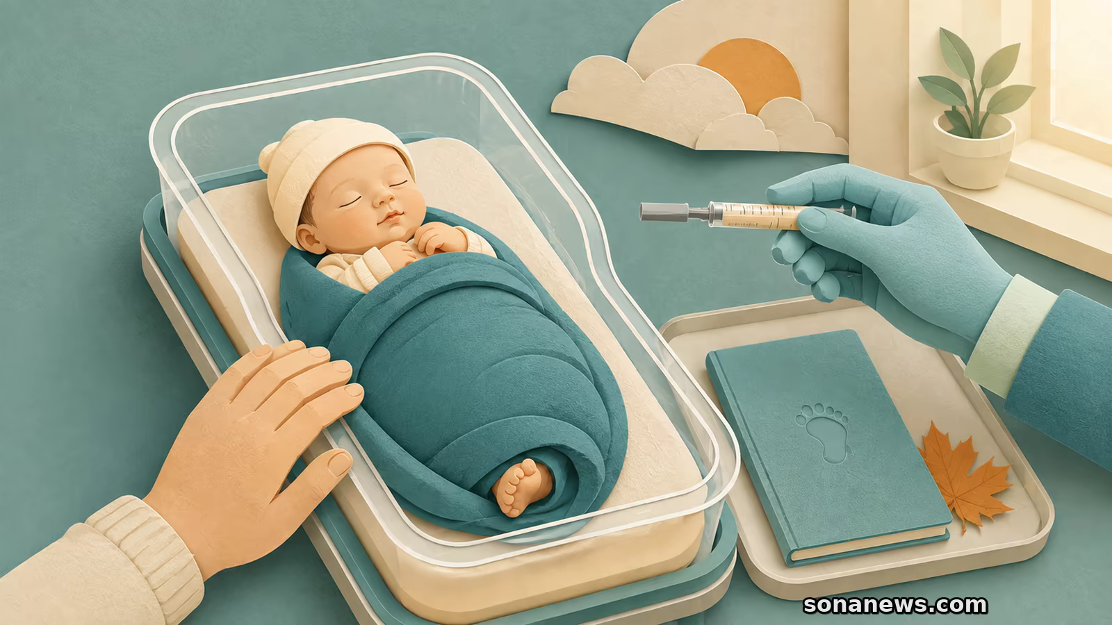 Recém-nascido dorme numa maternidade junto de uma seringa pré-cheia, boletim infantil e folha de outono.