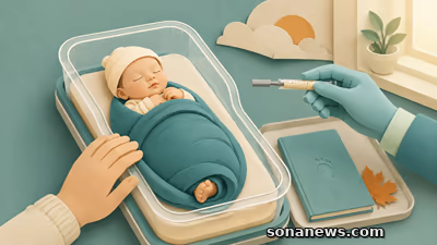 Recém-nascido dorme numa maternidade junto de uma seringa pré-cheia, boletim infantil e folha de outono.