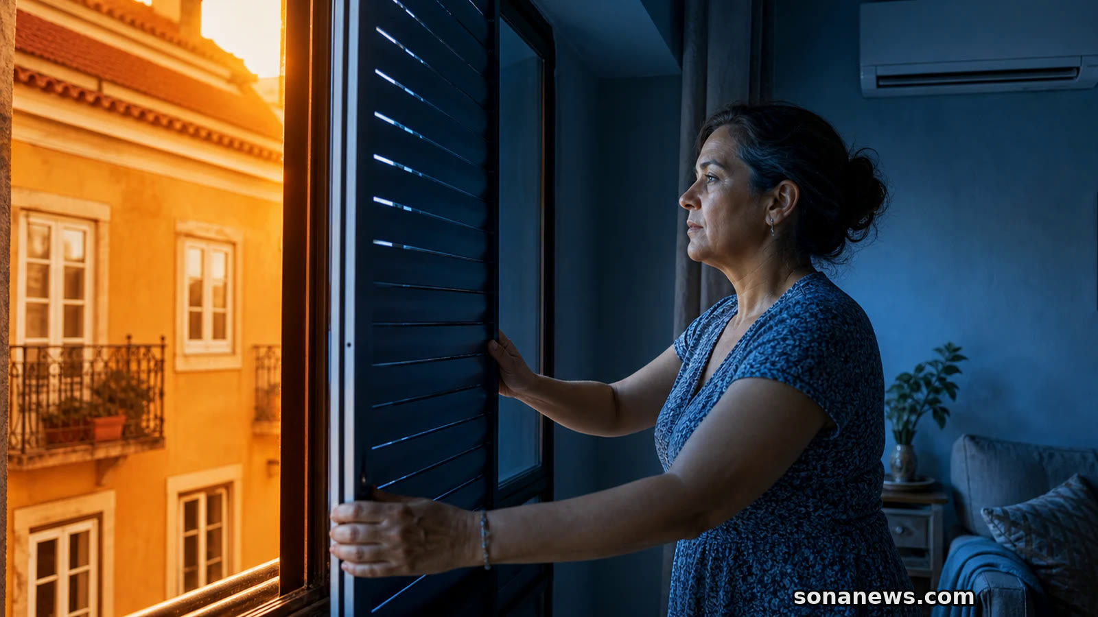 Mulher fecha portadas numa casa portuguesa entre a luz laranja do calor exterior e a sombra azul do interior, ilustrando arrefecimento doméstico e eficiência energética.