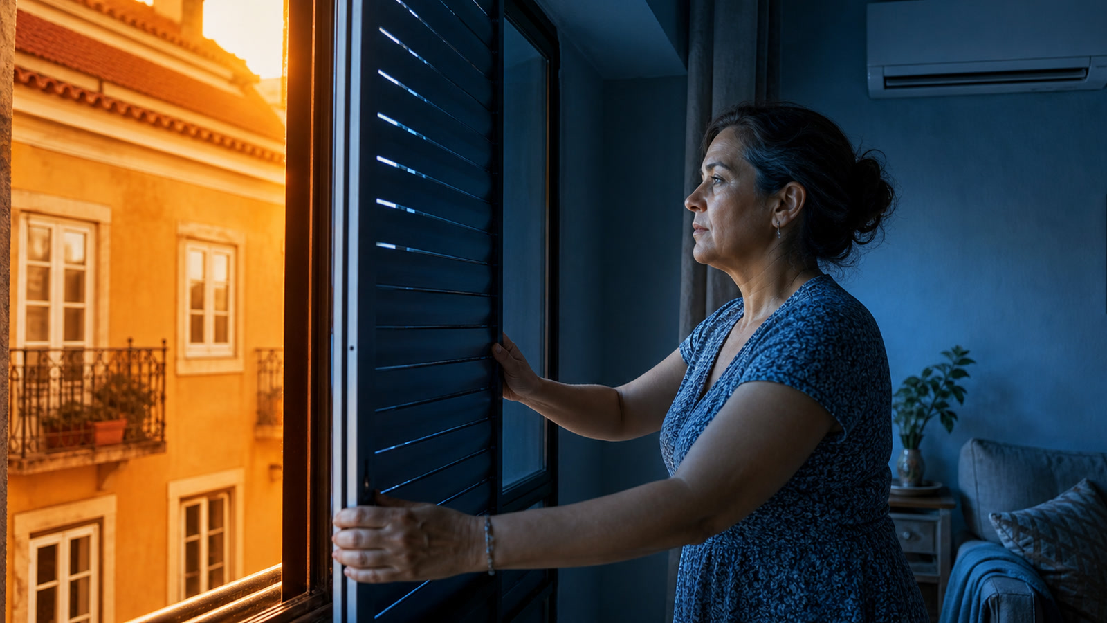 Mulher fecha portadas numa casa portuguesa entre a luz laranja do calor exterior e a sombra azul do interior, ilustrando arrefecimento doméstico e eficiência energética.