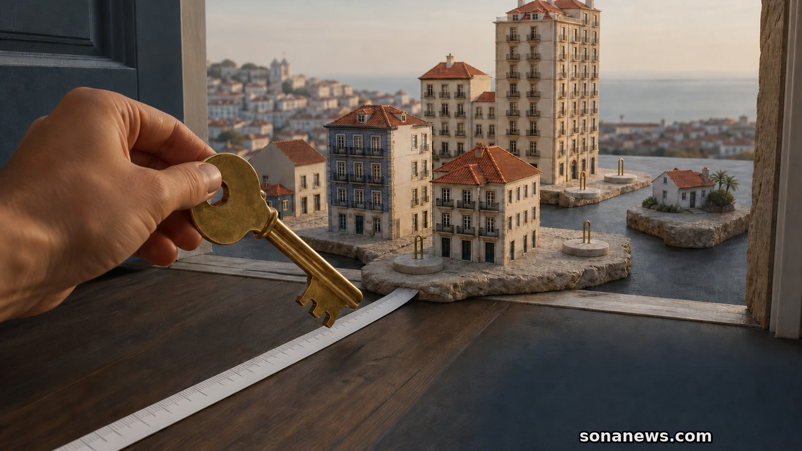 Mão segura uma chave sobre uma fita métrica e miniaturas de edifícios portugueses com alturas diferentes.