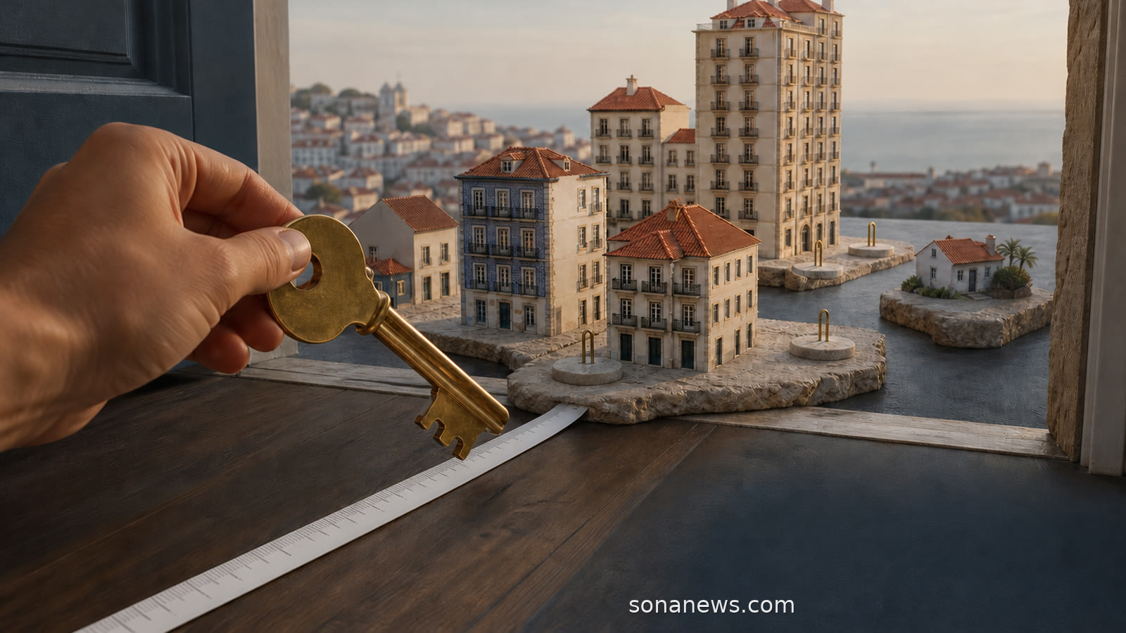 Mão segura uma chave sobre uma fita métrica e miniaturas de edifícios portugueses com alturas diferentes.