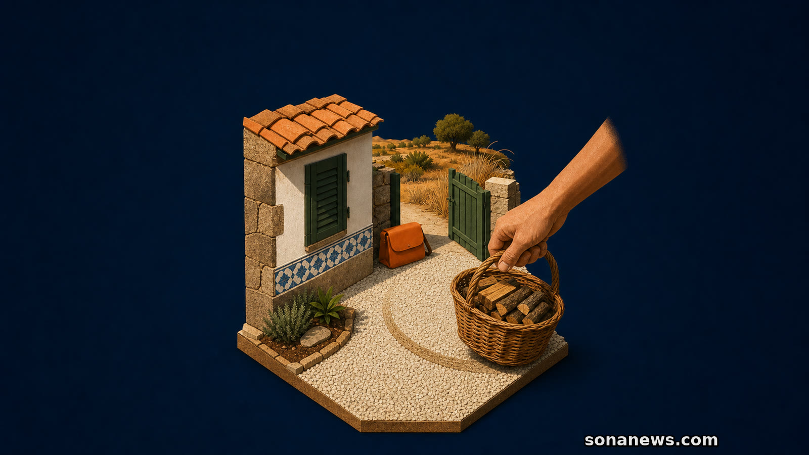 Mão afasta um cesto de lenha de uma casa rural portuguesa, sobre gravilha, com mochila pronta junto ao portão.