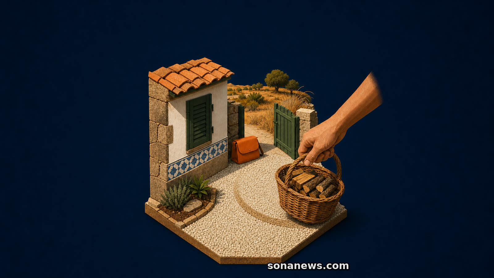 Mão afasta um cesto de lenha de uma casa rural portuguesa, sobre gravilha, com mochila pronta junto ao portão.