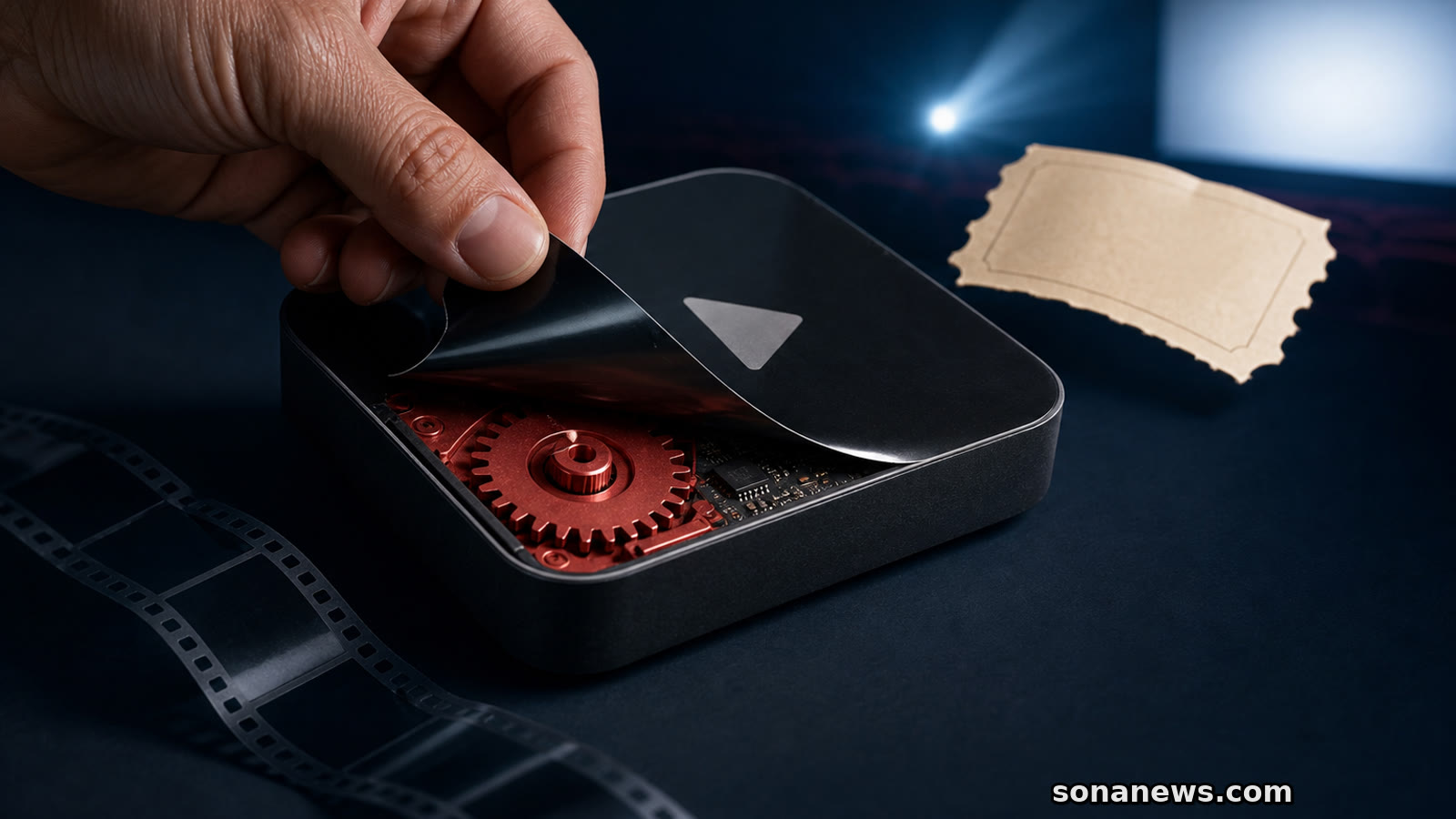 Mão levanta a fachada de um botão de reprodução e revela uma engrenagem vermelha, entre película, bilhete e ecrã de cinema.